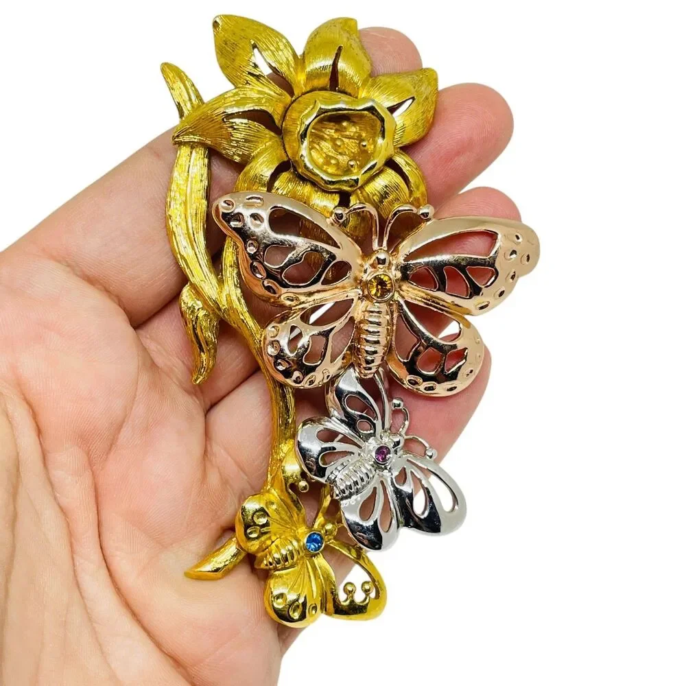 Vintage gold silver tone rhinestone flower butterflies designer brooch